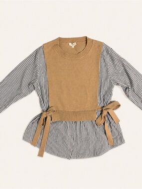 Entro Tan Knit & Striped Side-Tie Layered Top | Size Small